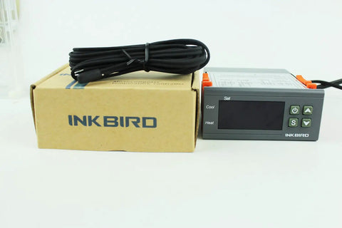 All Purpose Digital Temperature Controller Thermostat With Sensor And Two Relays Fahrenheit And Celsius Display Alarm On High Or Low Temperature Or Sensor Error Adjustable Set Point And Differential Heating And Cooling Modes ITC1000 beside packaging box
