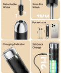 Rechargeable Milk Frother With Stepless Speed Control LunaFro V2 features detachable whisk, 3mm pro whisk, size comparison, charging indicator, 2H quick charge