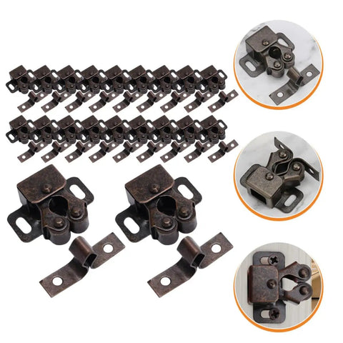 Double Roller Cabinet Door Latches And Catches Kit with Cold Rolled Steel, 20 Pack, shown with mounting hardware and close-up details.
