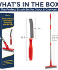 Grout Cleaning Powerhouse With Long Handle V Shaped Scrub Brush And Telescopic Grip Handy Handheld Stiff Bristle Scrubber, box and brushes displayed