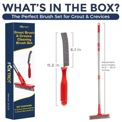 Grout Cleaning Powerhouse With Long Handle V Shaped Scrub Brush And Telescopic Grip Handy Handheld Stiff Bristle Scrubber, box and brushes displayed