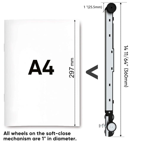 Workhorse Pocket Door Roller Kit With Soft Close, 120 Lbs Capacity, Three Wheel Pocket Door Hanger shown next to A4 paper for size