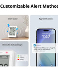 Smart Indoor Air Quality Monitor With PM2.5 PM10 Temperature And Humidity Sensor Real Time Display And Alerts Matter Compatible 2.4GHz WiFi 3.73 Inch Screen Ideal For Bedroom And Nursery. Wall display with alert sound, app notification, and dimmable indicator light.
