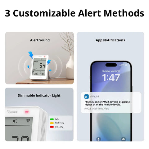 Smart Indoor Air Quality Monitor With PM2.5 PM10 Temperature And Humidity Sensor Real Time Display And Alerts Matter Compatible 2.4GHz WiFi 3.73 Inch Screen Ideal For Bedroom And Nursery. Wall display with alert sound, app notification, and dimmable indicator light.