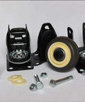 Badass Heavy Duty Rubber Caster Wheels With Smooth Swivel Action And Rock Solid Locking Brake For Furniture Workbenches Medical Trolleys And Silent Rolling Support System Pack Of Four components including wheels and bolts.