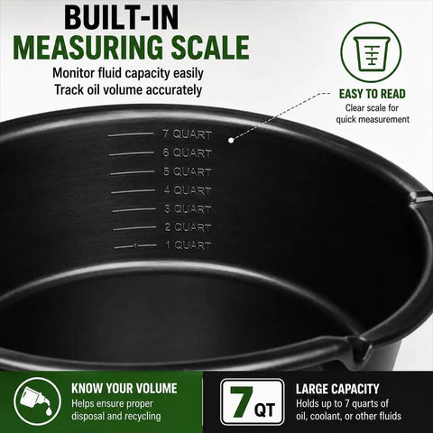 Top Tier 7 Quart Oil Drain Pan With Built In Scale Pour Spout For Cars Trucks SUVs And Motorcycles shows detailed measuring scale inside.