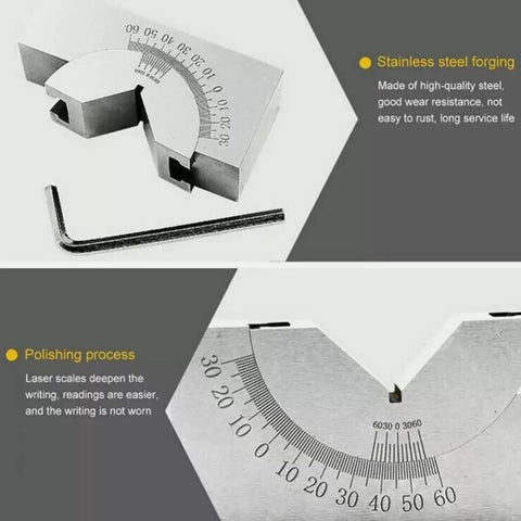 Adjustable Precision Angle Block 0-60 Degree, AP25 V-Block Gauge With Hex Wrench, Heavy Duty Steel setting tool showing engraved scale.