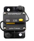 Road Ready 120 Amp Circuit Breaker With Manual Reset Switch For Cars And Boats, waterproof design and push-button switch.