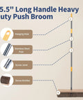 Heavy Duty 18 Inch Push Broom With Rock Solid Wooden Base And Extended Handle For Garage Sweeping And Driveway Cleanup, featuring a stainless steel pole.