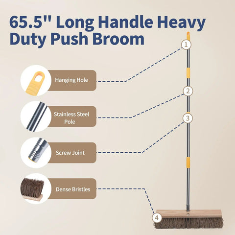 Heavy Duty 18 Inch Push Broom With Rock Solid Wooden Base And Extended Handle For Garage Sweeping And Driveway Cleanup, featuring a stainless steel pole.
