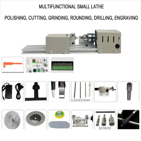 Qugurlid Mini Lathe Polisher Machine For DIY Wood Metal Working with accessories, variable speed motor, and aluminum body.