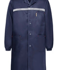 Rugged Lab Coat For Men For DIY And Workshop Jobs, long sleeve painter smock in navy blue, size large with reflective strips