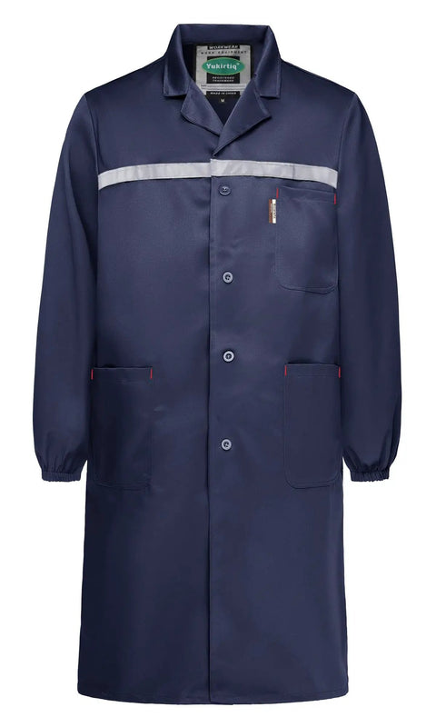 Rugged Lab Coat For Men For DIY And Workshop Jobs, long sleeve painter smock in navy blue, size large with reflective strips