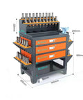 Heavy Duty Workbench And Rolling Tool Cart With Double Locking Drawers Tough Industrial Shop Beast For Garage Builds And Pain Free Gear Organization Solutions with various tools and measurements.
