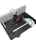 Bulletproof Router Lift Kit Featuring Heavy Duty Aluminum Base Plate With Smooth Adjustment Dial Fits All Standard 65 Millimeter Woodworking Motors, showing the compact table mount.