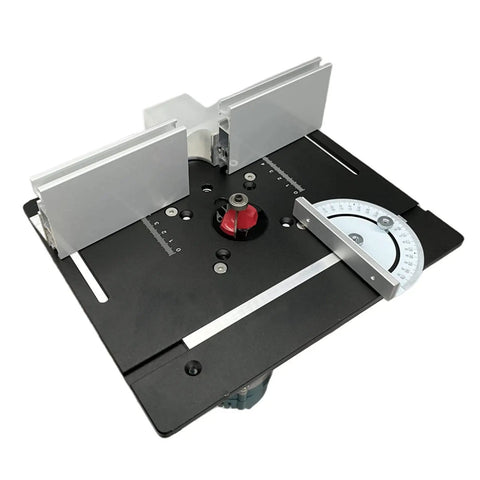 Bulletproof Router Lift Kit Featuring Heavy Duty Aluminum Base Plate With Smooth Adjustment Dial Fits All Standard 65 Millimeter Woodworking Motors, showing the compact table mount.