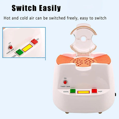 Pro Shop Ready Eyeglass Frame Heater Featuring Rock Solid Ceramic Core Quick Heat Soak And Switchable Hot Cold Air Settings With Zero Hassle Five Minute Auto Shut Off Timer control panel with switches for heating options.
