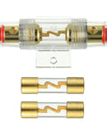 Heavy Duty In Line AGU Fuse Holder With 60 Amp Fuses For 4 To 8 Gauge Wire, clear holder with two gold fuses.