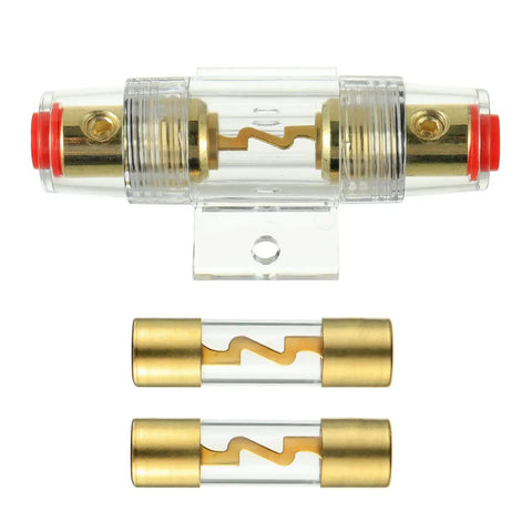 Heavy Duty In Line AGU Fuse Holder With 60 Amp Fuses For 4 To 8 Gauge Wire, clear holder with two gold fuses.