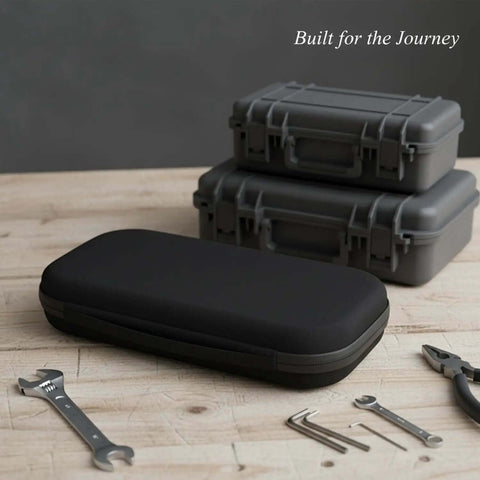 Badass Eva Hard Shell Carrying Case With Handle Crush Proof Protective Storage Box For Electronics Tools and Small Accessories on wood.