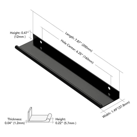 Diagram showing dimensions of Matte Black Finger Edge Cabinet Pulls Six And One Quarter Inch, 20 Pack, Heavy Duty Metal Drawer Handles.