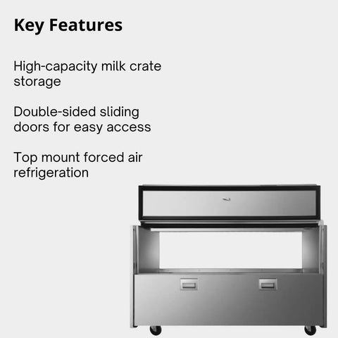 Rock Solid Double Sided Milk Cooler Built Tough For School Cafeterias Featuring Slick Sliding Doors And Premium Stainless Steel Construction Holding Up To Sixteen Crates For Seamless Everyday Kitchen Grind And Quick Cleanup showing key features like sliding doors.