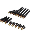 Dope 15 PCS Tig Back Cap Kit Fits Wp 17 18 26 Torch With Brass Bakelite Rubber Covers, black and brass parts arranged.