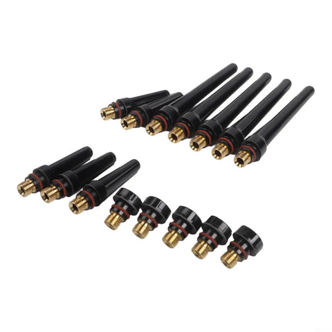Dope 15 PCS Tig Back Cap Kit Fits Wp 17 18 26 Torch With Brass Bakelite Rubber Covers, black and brass parts arranged.