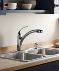 Forté Single-Hole Kitchen Faucet With 9-1/16 Inch Spout, Polished Chrome installed on double sink in modern kitchen