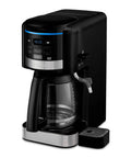12 Cup Programmable Coffee Maker And Hot Water System With 24 Hour Programmability Self Clean Function One To Four Cup Setting Auto Shutoff Up To Four Hours No Fuss Keep Warm Temperature Brew Pause Gold Tone Permanent Filter Easy To Use in black and silver with glass carafe