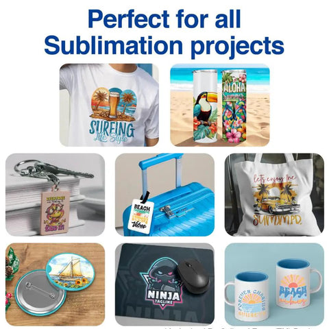 Pro Grade Sublimation Paper 8.5 x 11 Inch 100 Sheets For Heat Transfer Tumblers Mugs T Shirts Phone Cases Printable Stickers DIY Gifts Christmas Enthusiasts showcasing customized items.