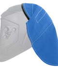 Side view of Extended Welding Helmet Cover With Press Fit Seal For Full Protection And No Fuss Easy Snap On, Blue Hood Shield Accessory.