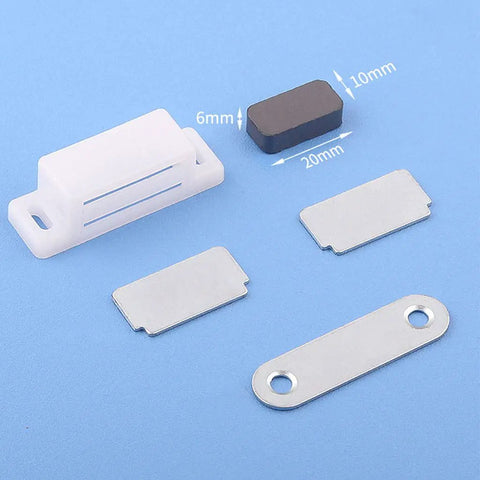 Magnetic Cabinet Catches With Hidden Door Stop for Closet and Cupboard, Stainless Steel Strength, multiple metal pieces on blue background