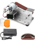 Mini Belt Sander And Grinder Machine Sharpener with stainless steel frame, motor, and interchangeable sanding belts for DIY polishing.