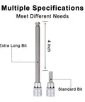 Beefy 107-Piece Bit Socket Set extra long and standard bit comparison with measurements