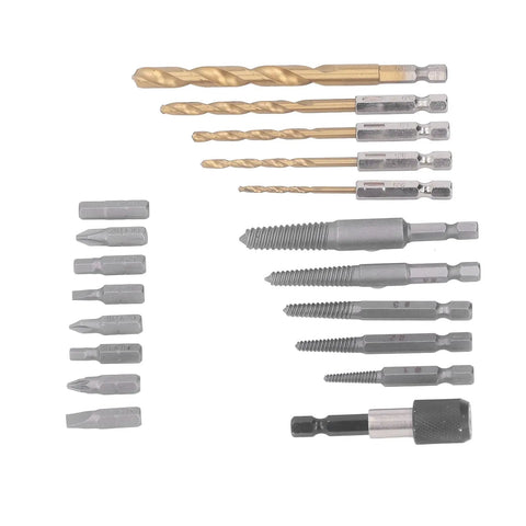 Essential Screw Extractor Set For Broken Bolt Removal With Hex Shank Twist Drills And Screwdriver Bits Including Spiral Tool Kit In Storage Box Perfect For Tough Garage Home Repairs. Assorted extractor bits and drill bits on white