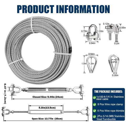100 Ft Quarter Inch Stainless Steel Wire Rope Kit With Two Five Sixteenths Turnbuckles Clamps And Thimbles 7x19 Aircraft Cable