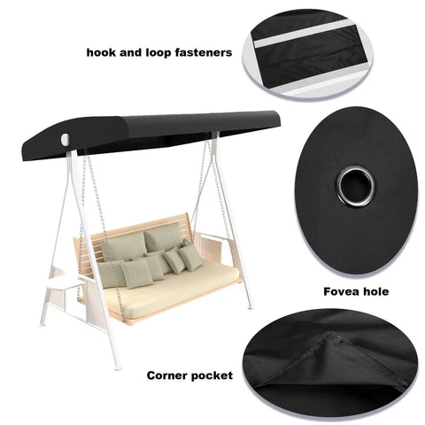 Replacement Canopy For 3 Seater Patio Swing Waterproof Outdoor Top Cover 210D Oxford Cloth Dustproof Rainproof Black 75.2L 47W 7 To 9H with features including hook and loop fasteners, fovea hole, and corner pocket details shown.