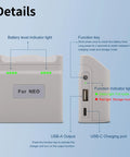 Close-up details of Two Way Charger With Storage For Neo Battery, showing function key, USB ports, and indicator lights.