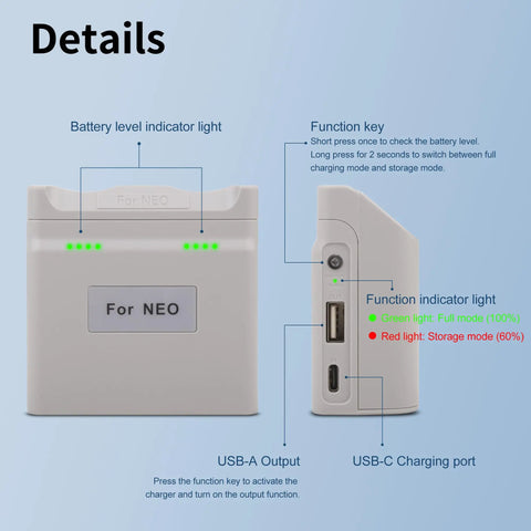 Close-up details of Two Way Charger With Storage For Neo Battery, showing function key, USB ports, and indicator lights.