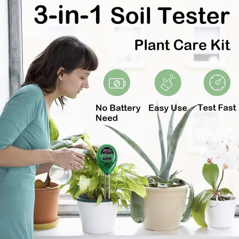 Woman using 3 In 1 All In One Soil Moisture Meter With Upgraded Stainless Steel Probes PH Light And Moisture Tester for indoor plants.