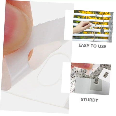 Vertical Blind Repair Tabs Pack Of 50 For Easy Replacement Fixers with close-up of white tab being applied on blinds