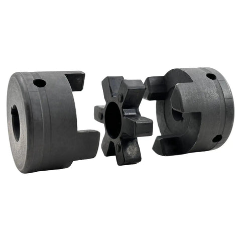Beefy L-Jaw Coupling Set Flexible 3-Piece, Bore Range 1/2 Inch To 3/4 Inch, Rubber Spider Included, Dual Set Screws, For Log Wood Splitter, Multi Flex L095 Series, HT250 Cast Iron, Corrosion Resistant Drive Shaft Coupler, exploded view