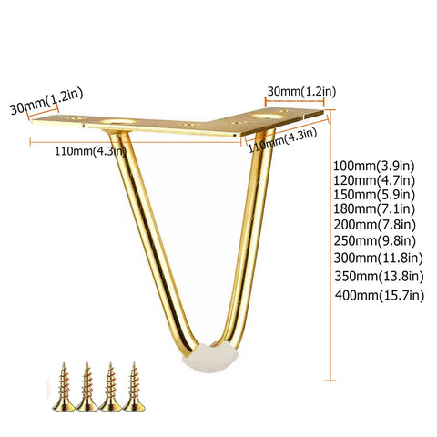 Solid As A Rock Premium Gold Hairpin Desk Legs 4 Pack Heavy Duty Steel Furniture Feet Replacement For Couches Side Tables And Cabinets 250mm Tall No Sweat Install with measurements and screws