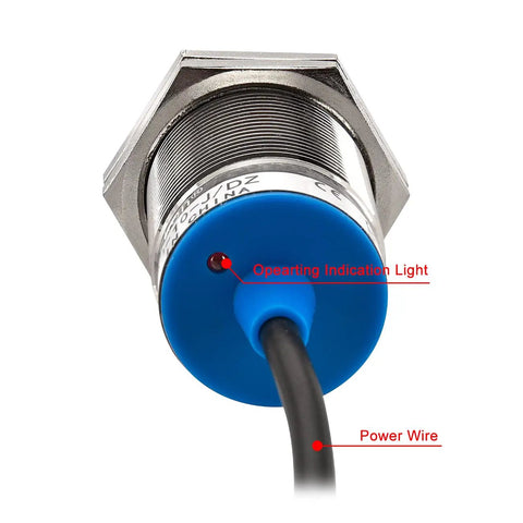 Close-up of Inductive Proximity Sensor Shield Type M30 10mm Sensing Range, showing operating light and power wire