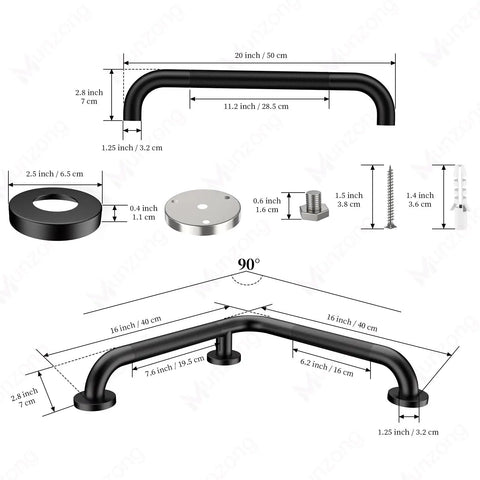 Heavy Duty Black Stainless Steel Shower Grab Bars 2 Pack With L Shaped And Straight Hands Built Different For Accessible Bathrooms Crushes Slip Hazards Rock Solid Grip Supports Up To 500 Pounds Easy Mount detailed dimensions and components.