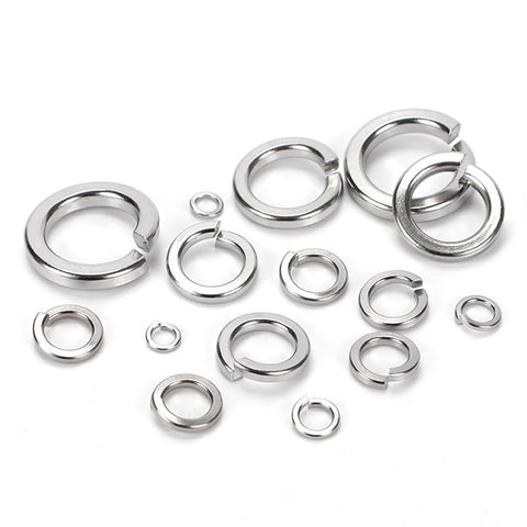 Assorted stainless steel 1/4-inch split lock washers, 18-8 (304), set of 100.