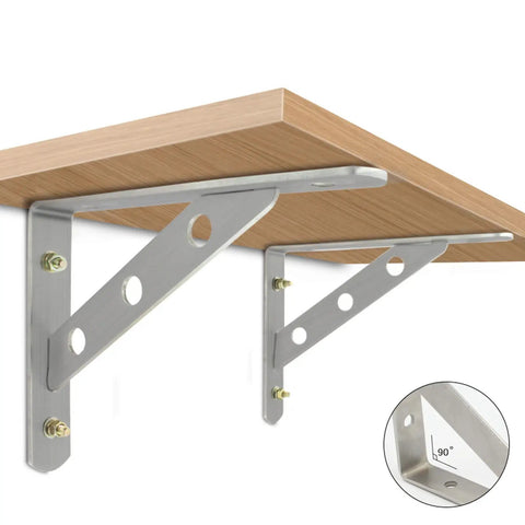 Badass Rock Solid Stainless Steel Shelf Brackets Heavy Duty Corner Braces for Floating Shelves, close-up with brushed finish.