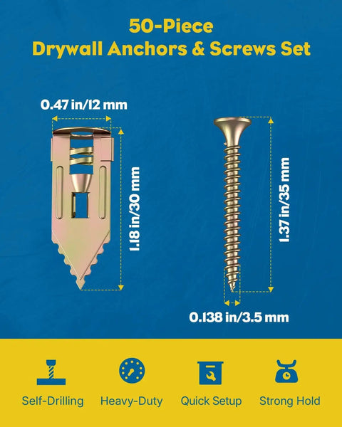 Heavy Duty Self Drilling Drywall Anchors And Screws Kit Featuring 50 Pieces Of Tough Carbon Steel Fasteners dimensions with measurements displayed.
