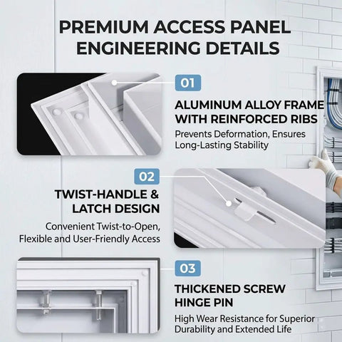 Slick White Attic Access Panel Door For Drywall Featuring Smooth Pull Open Design And Hella Sturdy Aluminum Frame Build Hidden Inspection Hatch Cover For Plumbing Vent Systems 20X29 Inch engineering details including durable frame and twist-handle design.